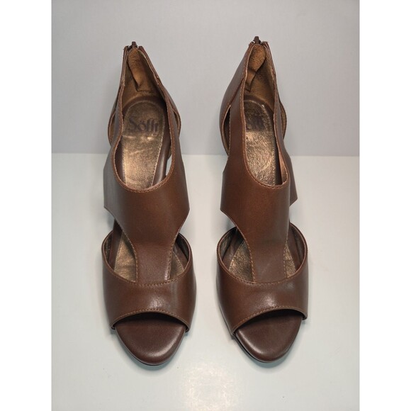 Sofft Brown Leather Peep Toe & Sides high heels w/zip up back Cognac Sz 8.5 M - Picture 2 of 12